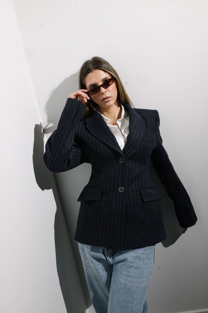 Tailored Pinstripe Wool Blazer