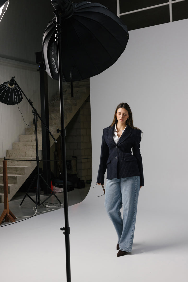 Tailored Pinstripe Wool Blazer