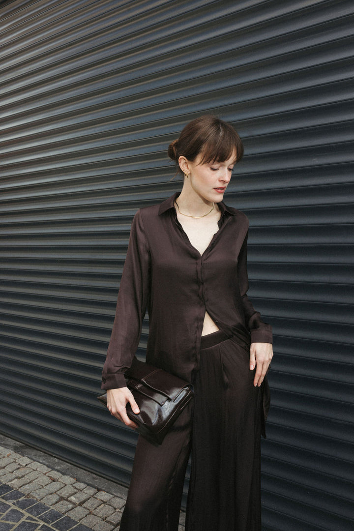 Asymmetric Satin Blouse – Brown