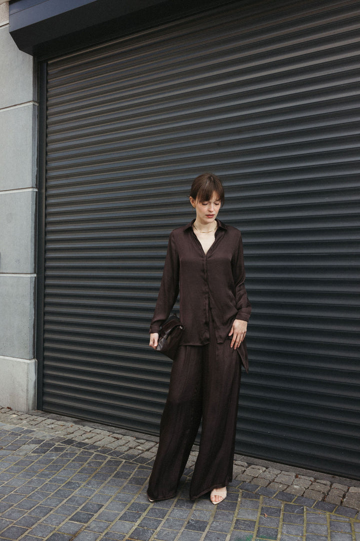 Asymmetric Satin Blouse – Brown