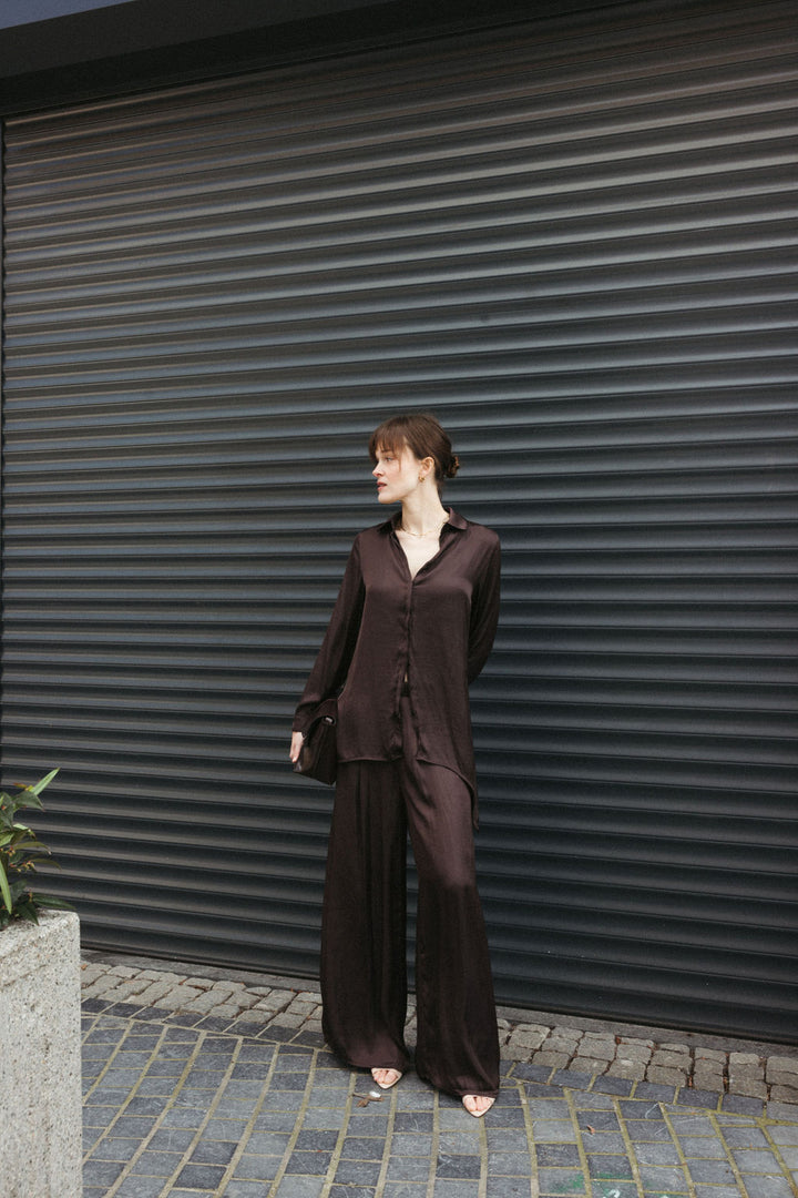Satin Wide-Leg Trousers – Brown