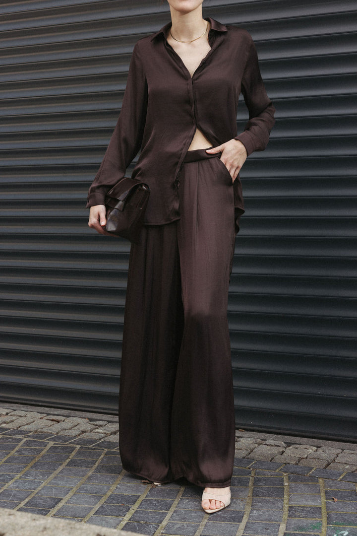 Satin Wide-Leg Trousers – Brown