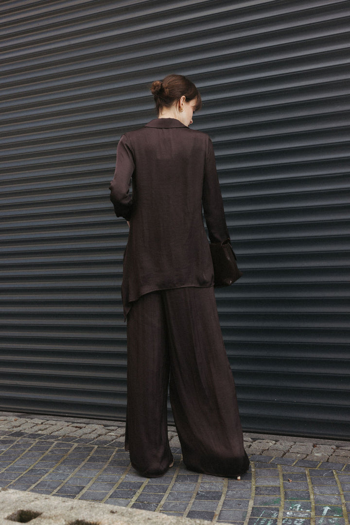 Asymmetric Satin Blouse – Brown