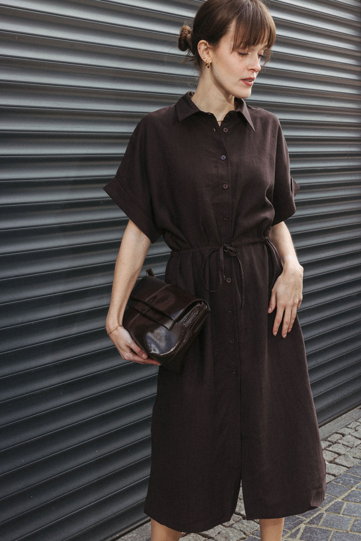 Cotton Midi Shirt Dress – Brown
