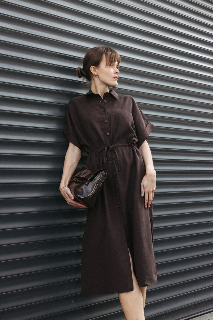 Cotton Midi Shirt Dress – Brown