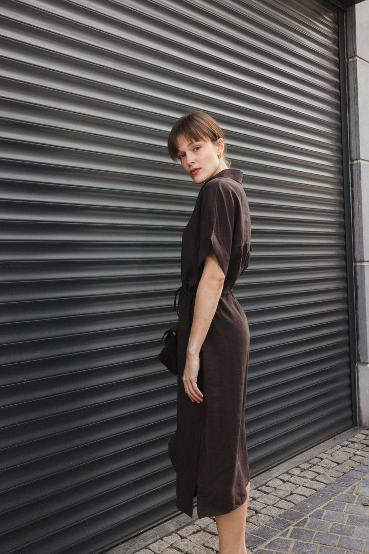 Cotton Midi Shirt Dress – Brown