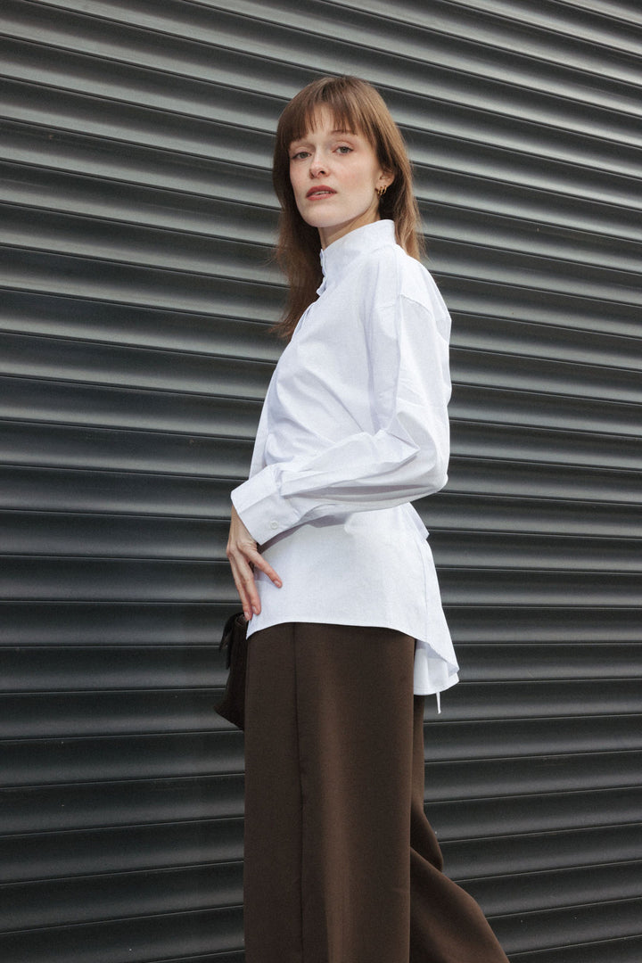 High Collar Shirt with Tie-Back – White