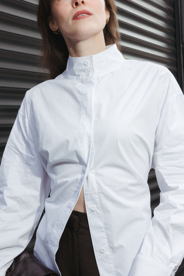 High Collar Shirt with Tie-Back – White