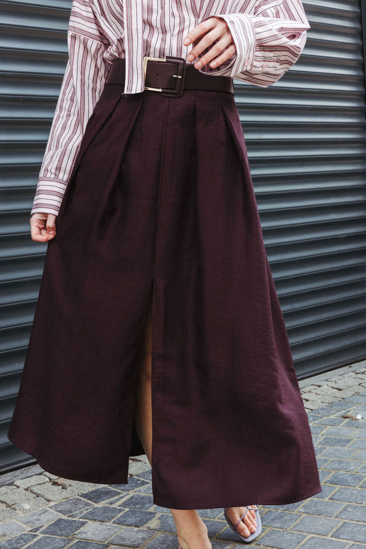 Belted Midi Slit Skirt – Plum