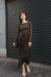 Belted Midi Slit Skirt – Brown