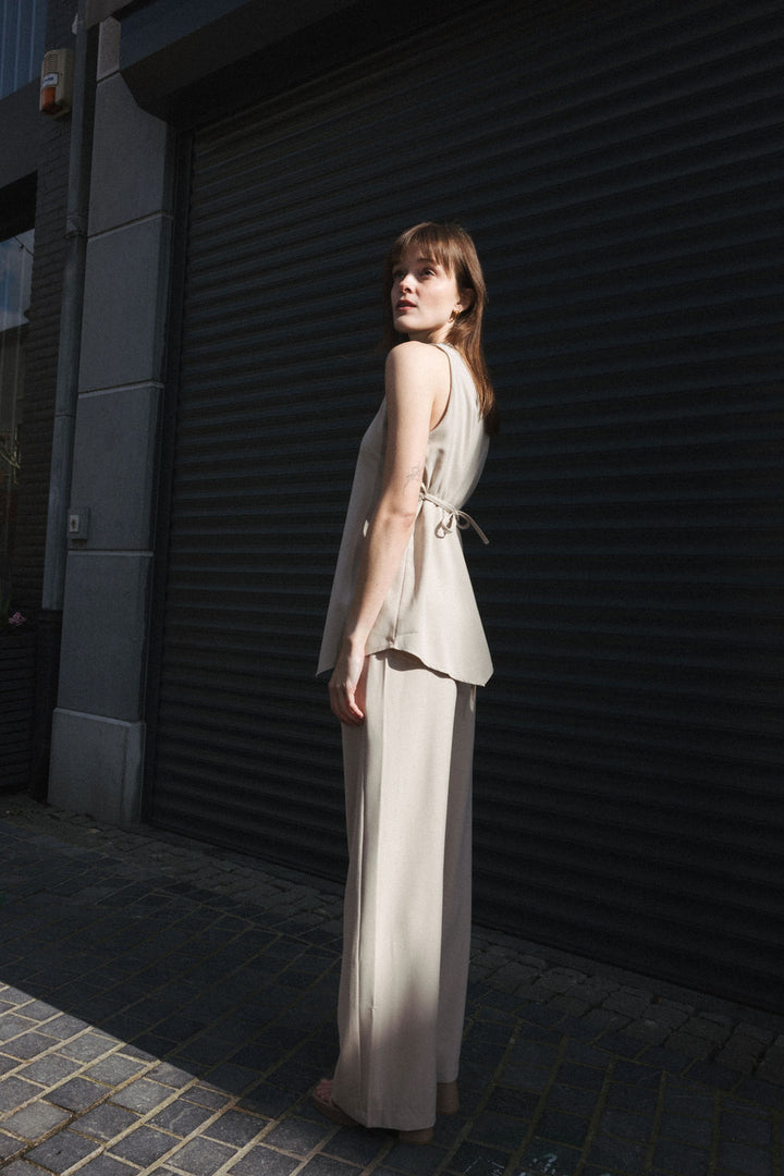 Asymmetric Top & Trousers Set – Beige