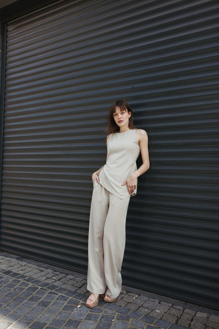 Asymmetric Top & Trousers Set – Beige