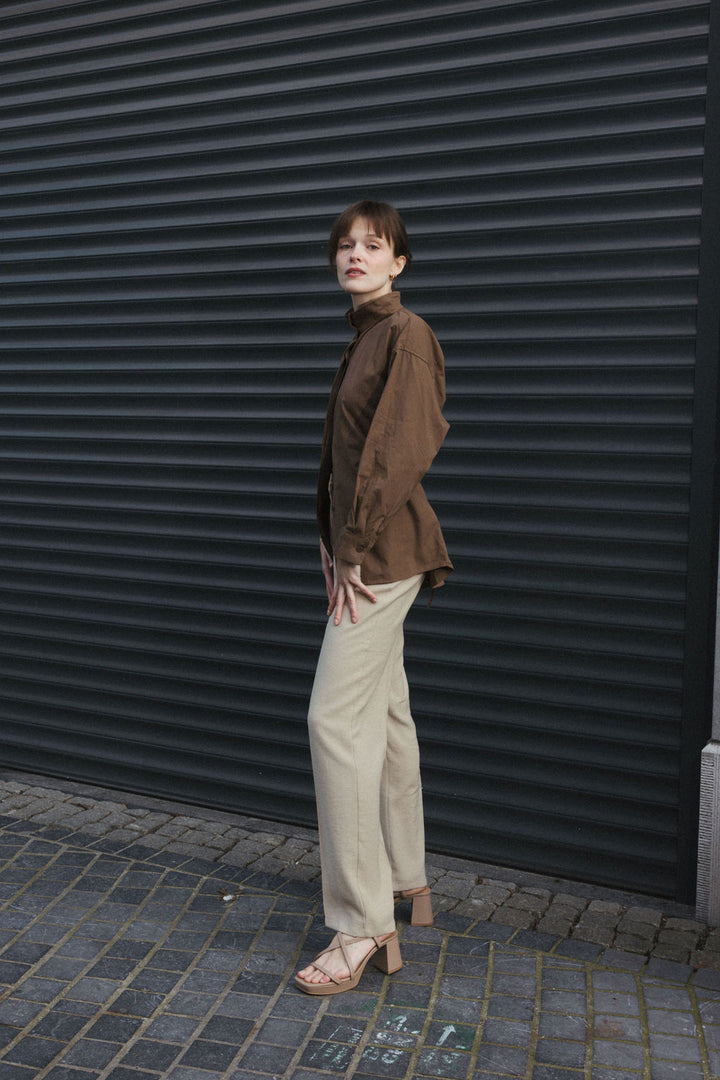 High Collar Shirt with Tie-Back – Brown