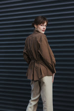 Load image into Gallery viewer, High Collar Shirt with Tie-Back – Brown