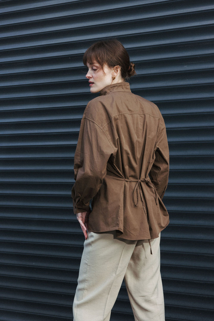 High Collar Shirt with Tie-Back – Brown