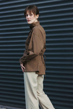 Load image into Gallery viewer, High Collar Shirt with Tie-Back – Brown
