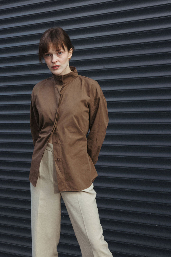 High Collar Shirt with Tie-Back – Brown