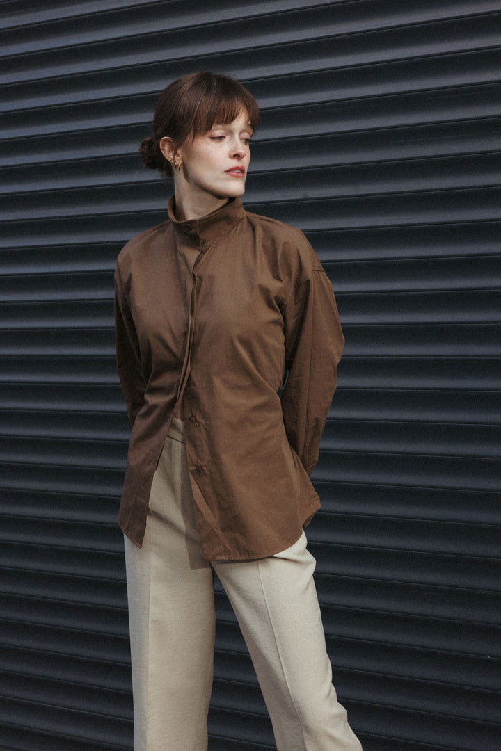 High Collar Shirt with Tie-Back – Brown