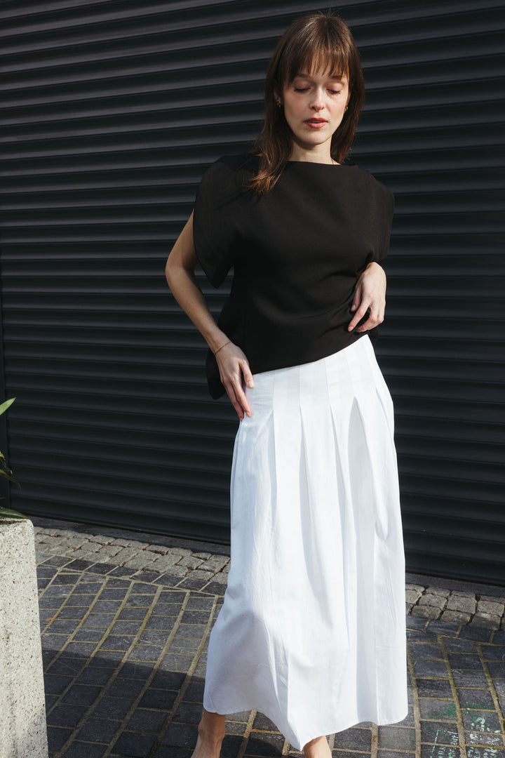Pleated Linen Midi Skirt – White
