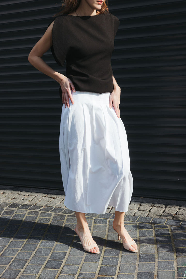 Pleated Linen Midi Skirt – White