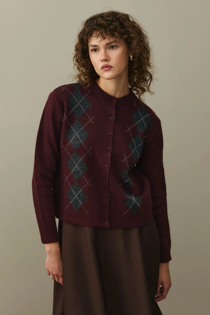 Diamond Patterned Cardigan - Burgundy