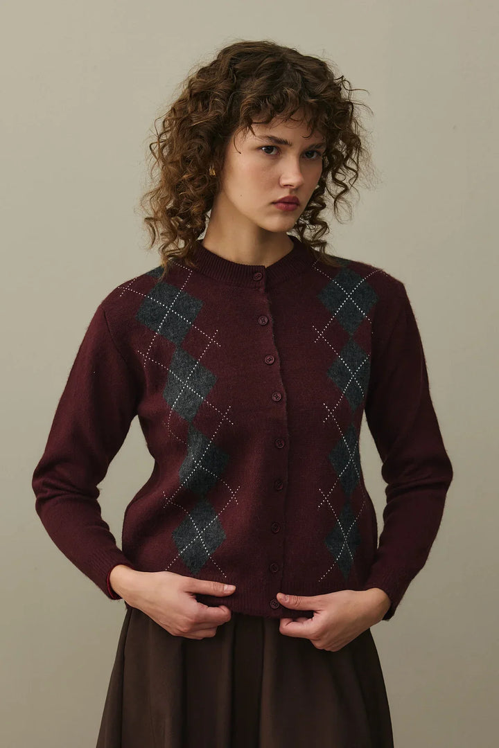 Diamond Patterned Cardigan - Burgundy