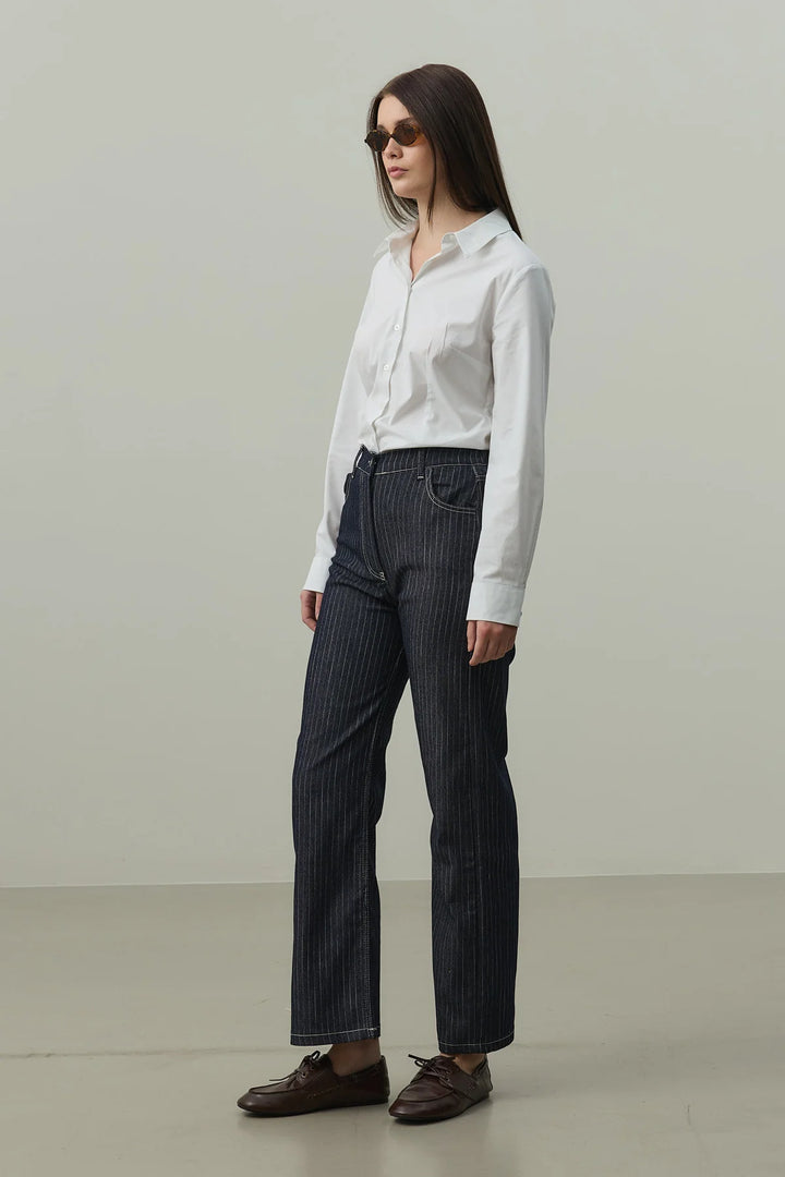 Striped Straight Denim Trousers - Navy Blue