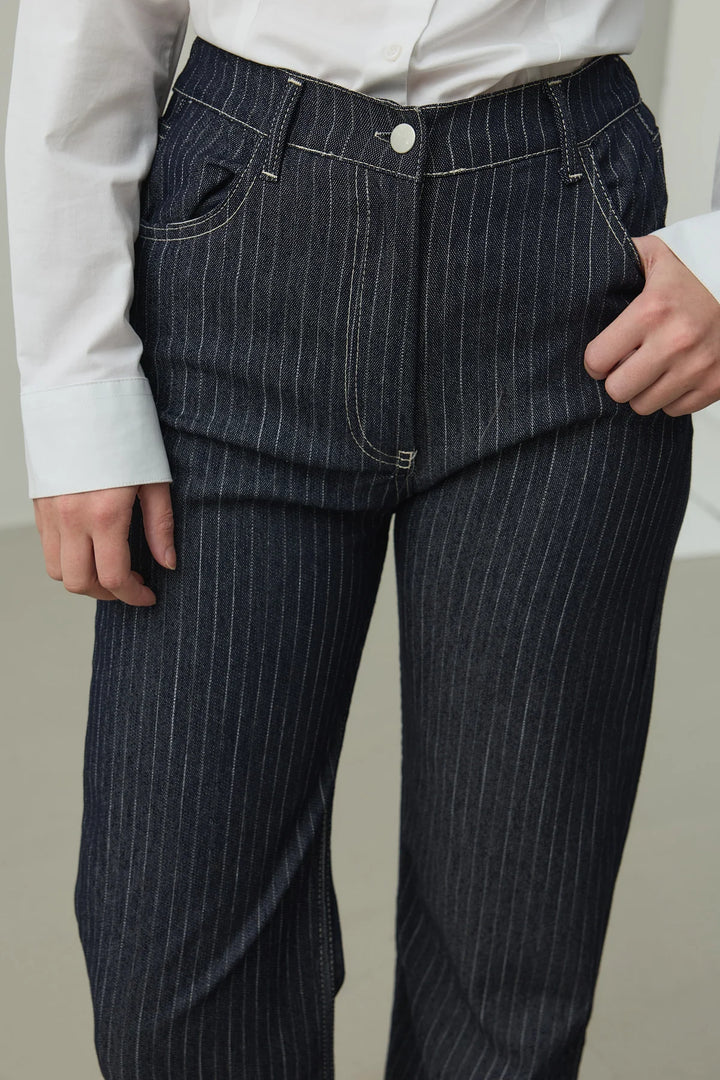 Striped Straight Denim Trousers - Navy Blue