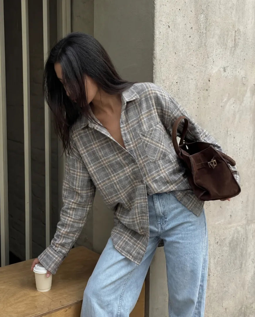 Oversized Plaid Cotton Shirt – Grey Tones