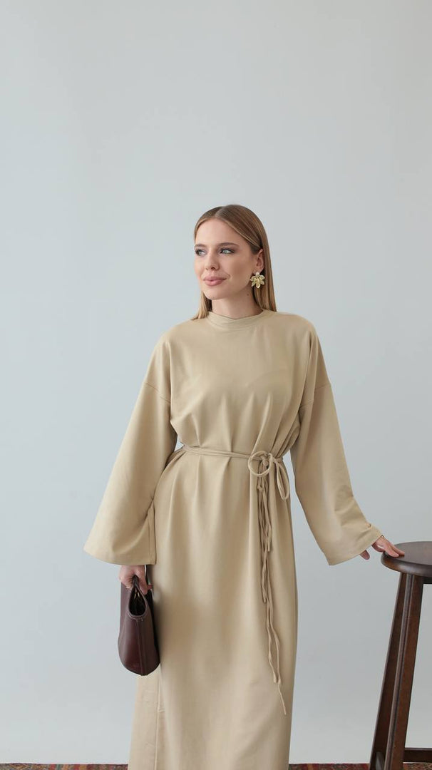 Basic Beige Belted Dress
