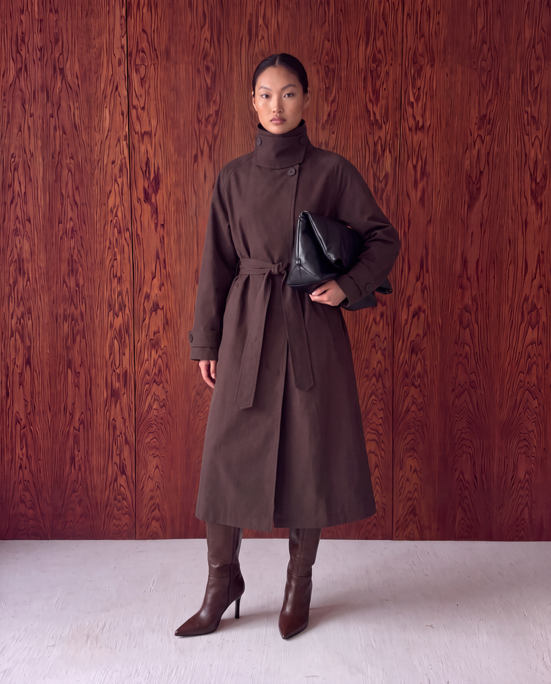 High Neck Maxi Trench Coat – Brown