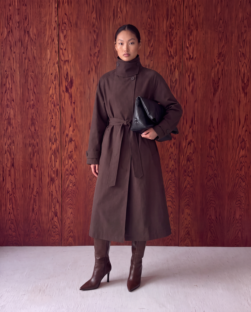 High Neck Maxi Trench Coat – Brown