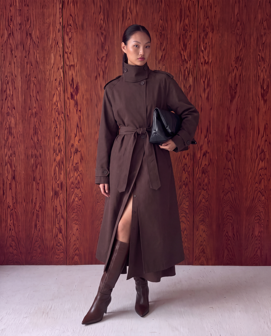 High Neck Maxi Trench Coat – Brown