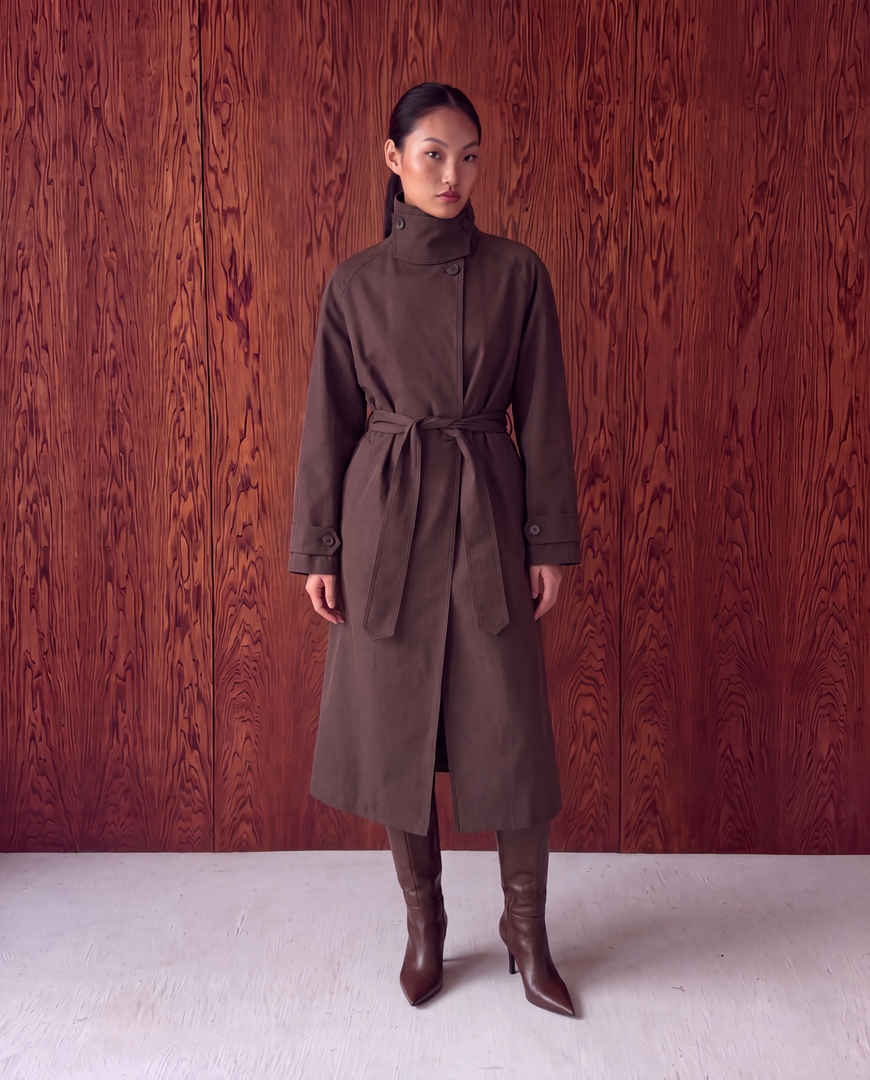 High Neck Maxi Trench Coat – Brown