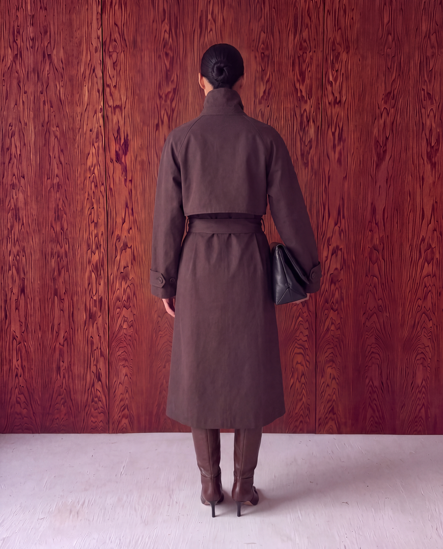 High Neck Maxi Trench Coat – Brown
