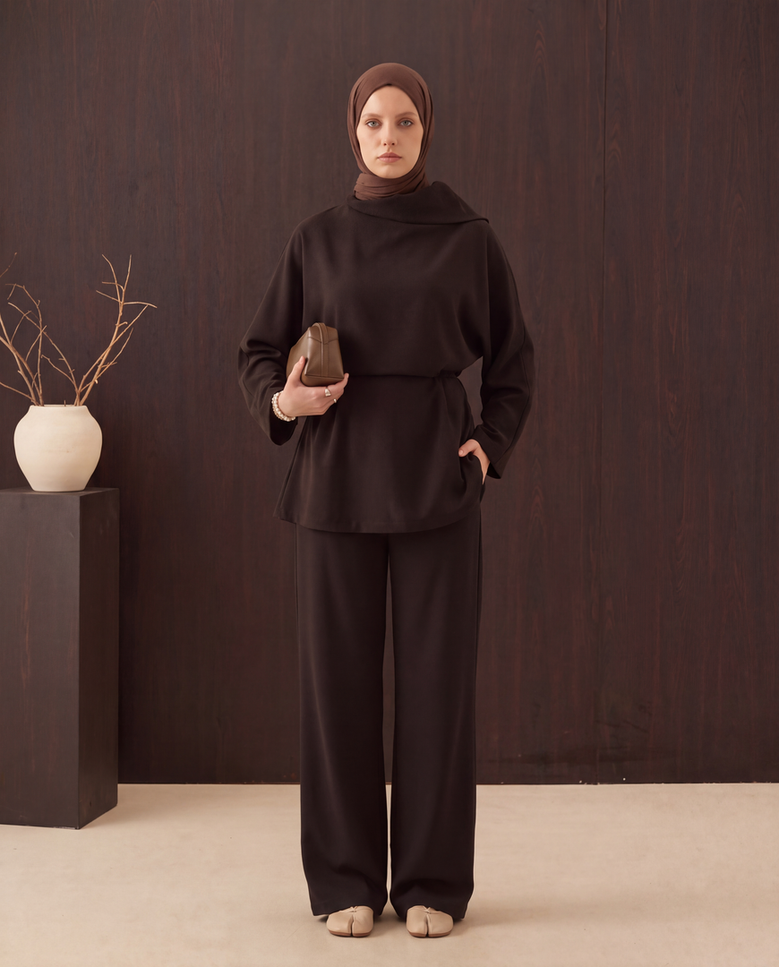 High Neck Two-Piece Set - dark brown