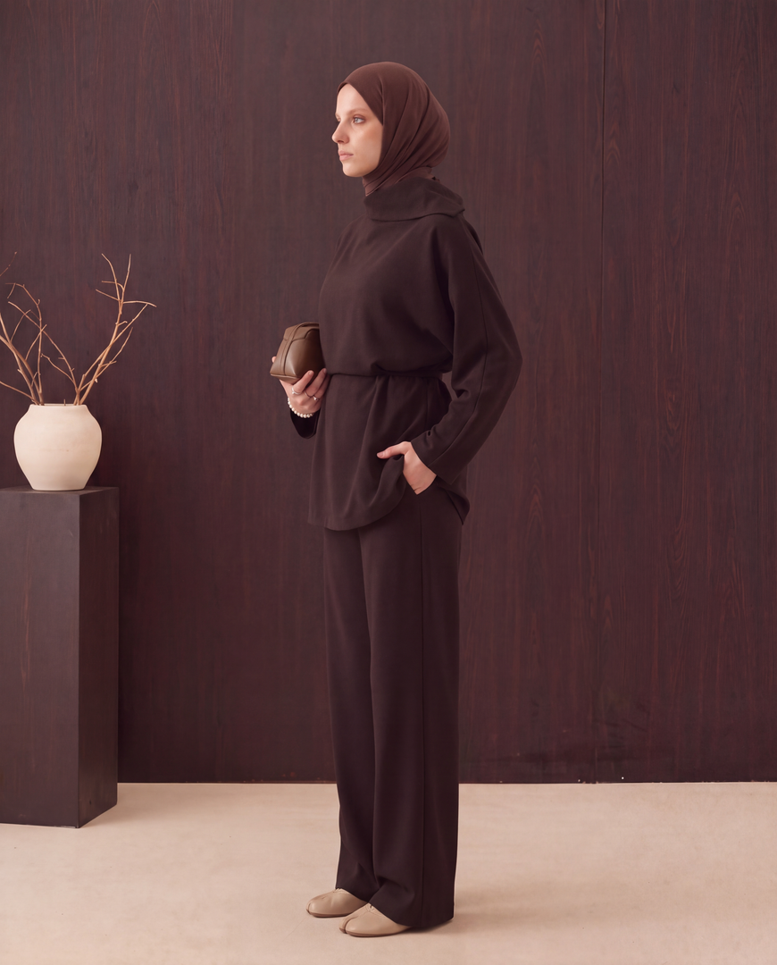 High Neck Two-Piece Set - dark brown