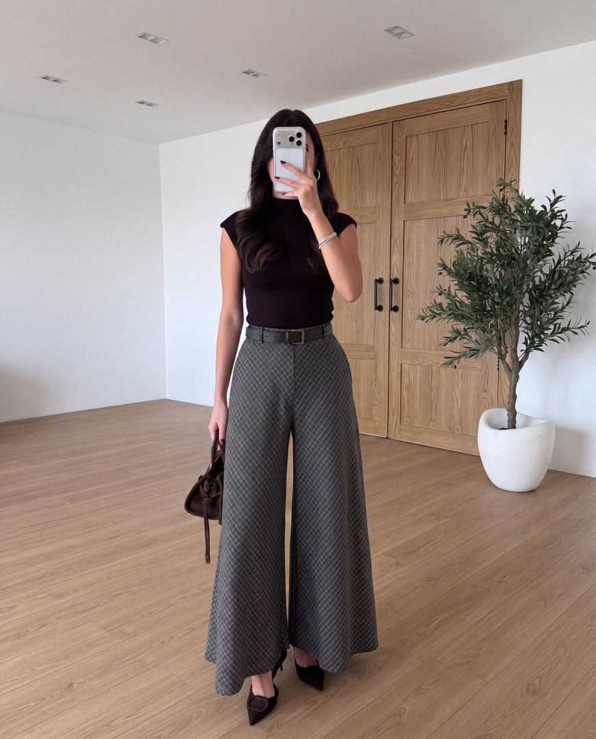 High Waist Check Wide Leg Trousers – Green