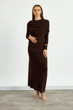 Load image into Gallery viewer, Draped Shoulder Evening Dress - Brown