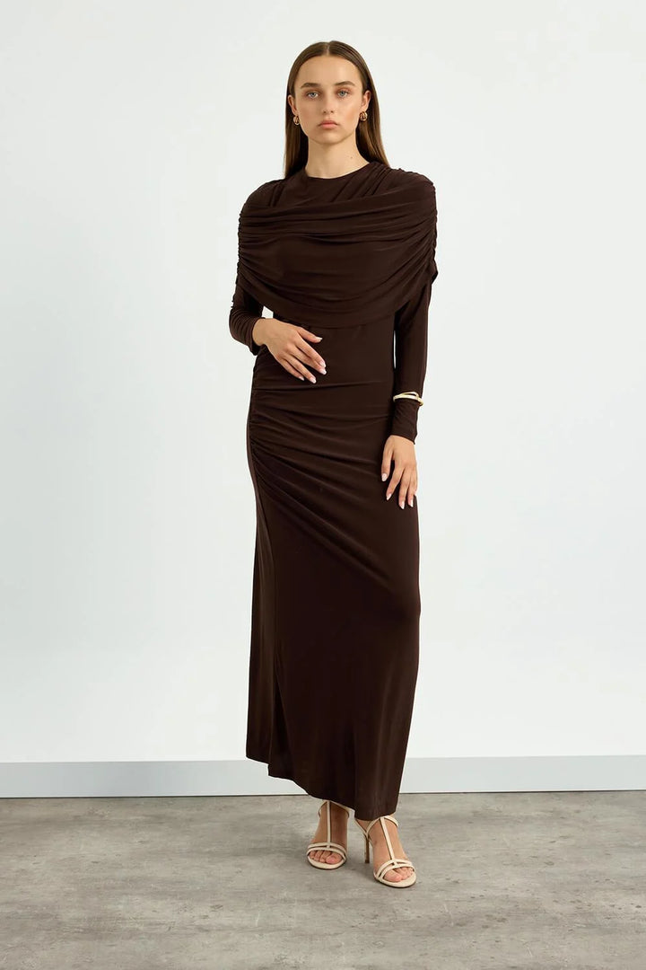 Draped Shoulder Evening Dress - Brown