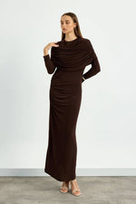 Load image into Gallery viewer, Draped Shoulder Evening Dress - Brown