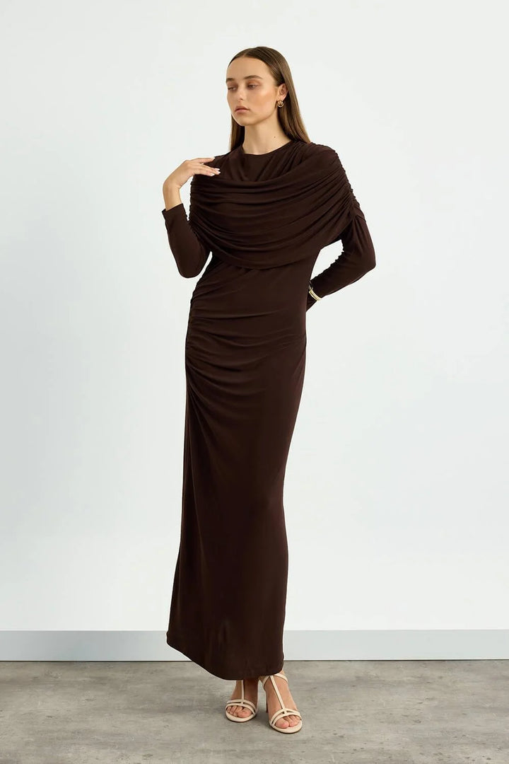 Draped Shoulder Evening Dress - Brown