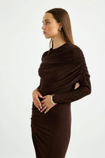 Load image into Gallery viewer, Draped Shoulder Evening Dress - Brown