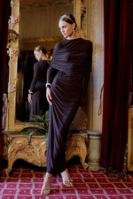 Load image into Gallery viewer, Draped Shoulder Evening Dress - Brown