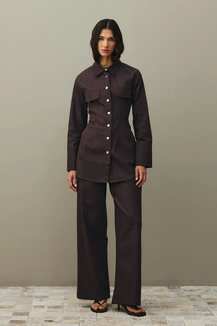Relaxed Cut Palazzo Denim Trousers - Brown