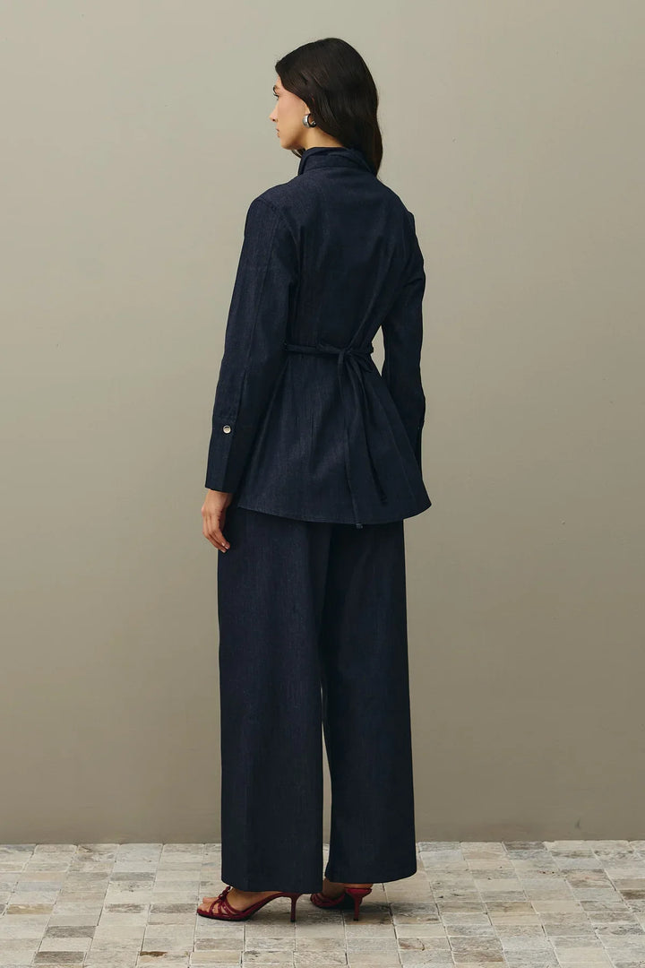 Relaxed Cut Palazzo Denim Trousers- Navy Blue