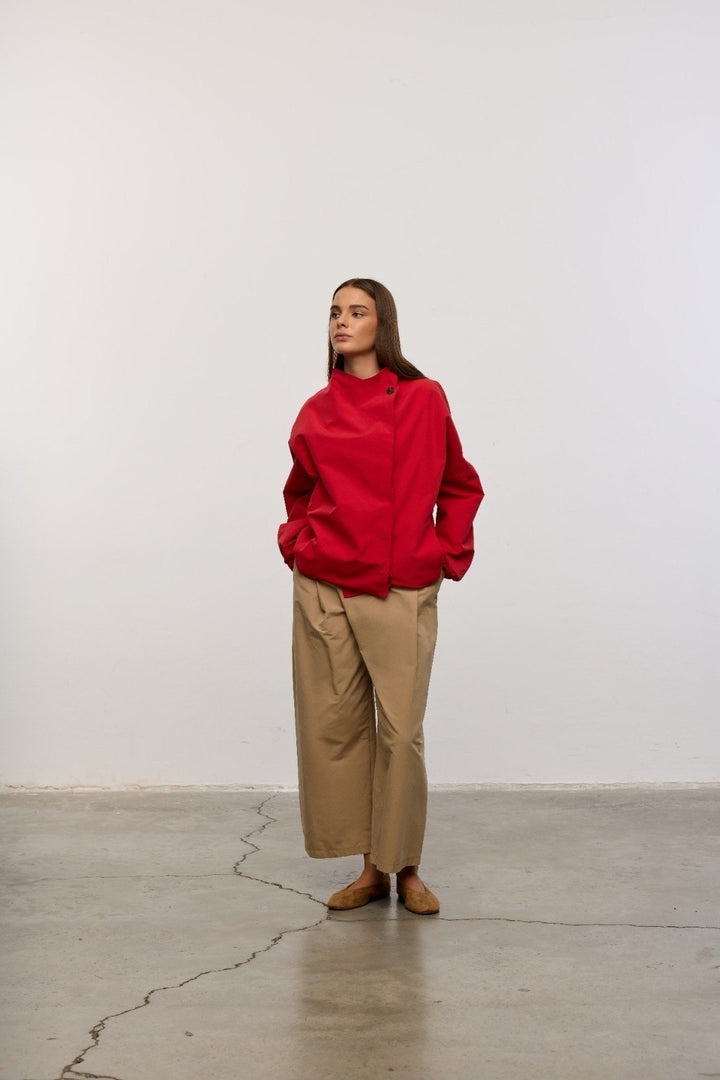 High-Neck Bomber Jacket - Red