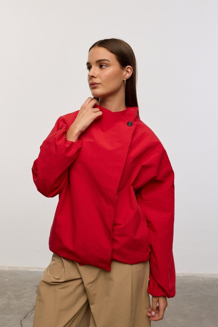 High-Neck Bomber Jacket - Red