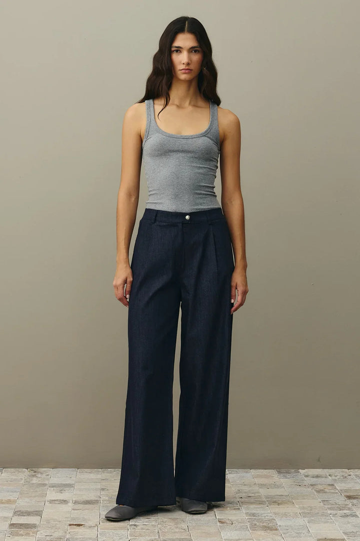 Relaxed Cut Palazzo Denim Trousers- Navy Blue
