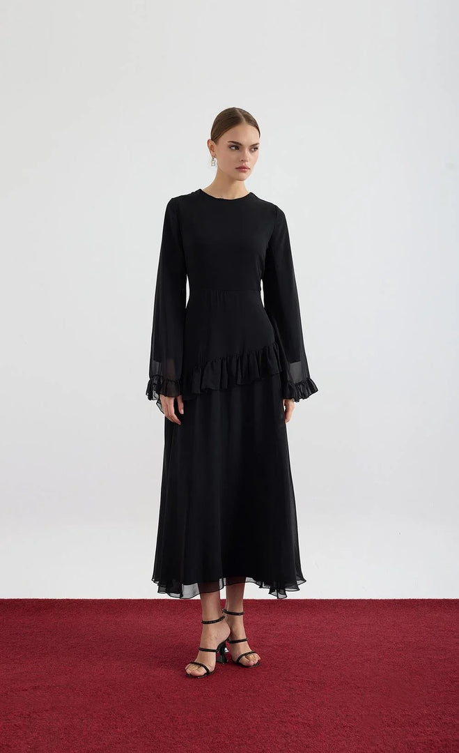 Aveline Chiffon sleeve Dress - Black